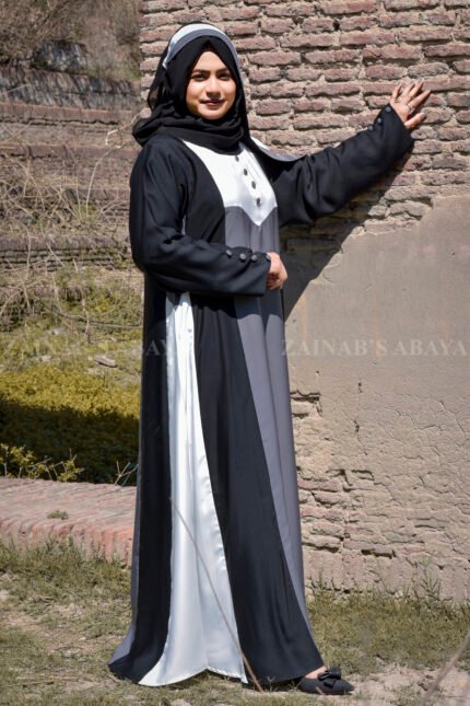 Maxi Abaya in Nida Korean Fabric with Button Style on Front & Button Style as well as Three Colors Combination & matching scarf