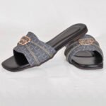 A black formal women slipper with hexa pattern and elegant stone + gold mono design work. Best for those who are looking for the modern and ligh-weight items
