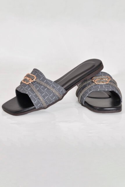 A black formal women slipper with hexa pattern and elegant stone + gold mono design work. Best for those who are looking for the modern and ligh-weight items
