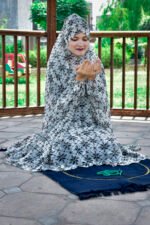 Namaz Chadar in Chiffon Fabric with Black floral printed design on white color.