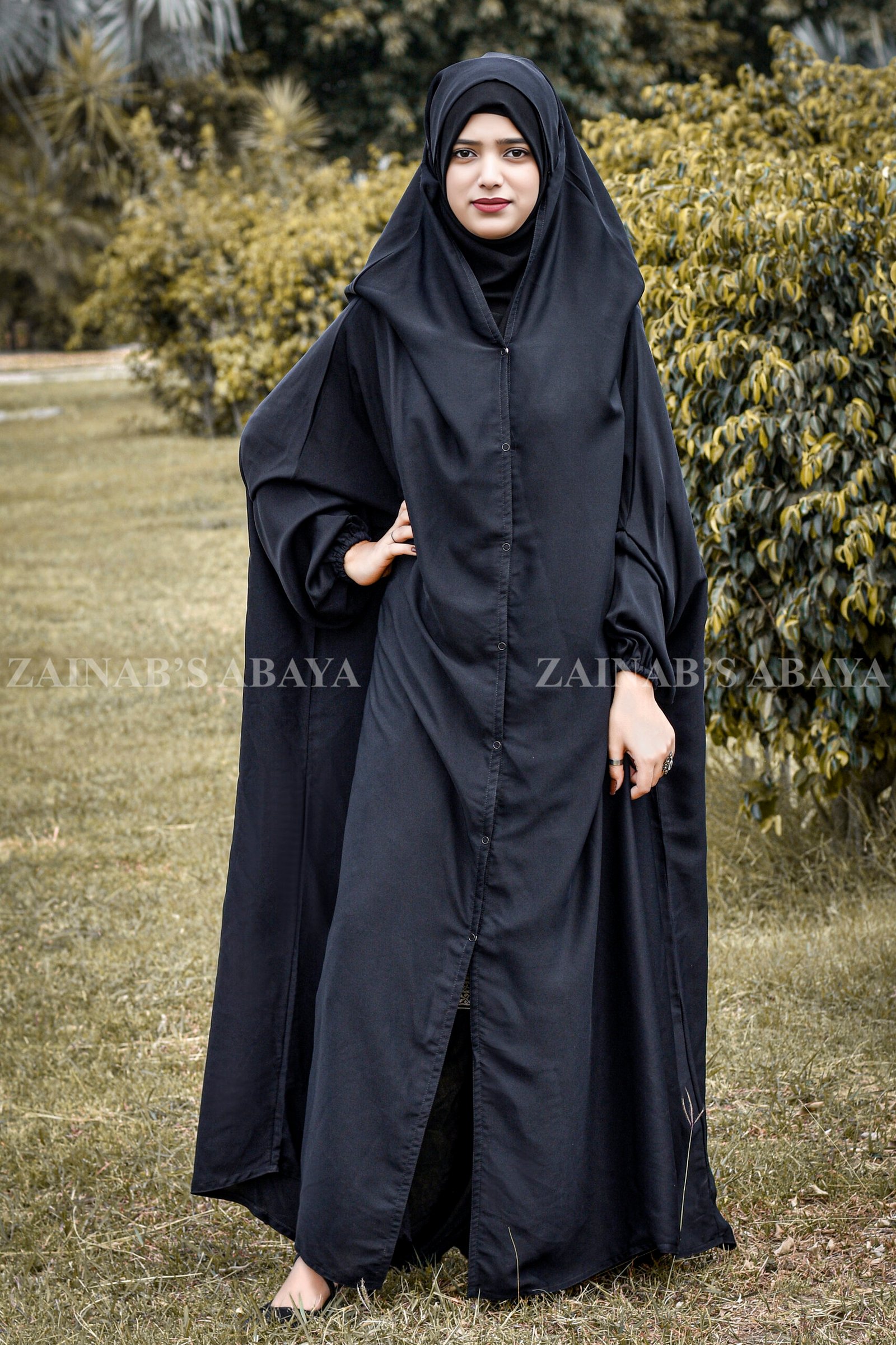 _ZZZ3307+ Black Iraqi Chadar in Nida Korean Fabric with Button Style on Front.