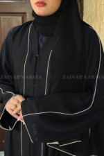 Front Open Abaya with Piping on front and sleeves in nida korean fabric