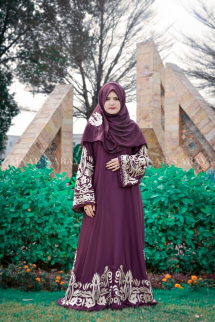 Maxi Abaya with Elegant Embroidery in Sleeves and at Bottom around the abaya with a motif on the matching scarf.