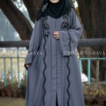 Front Open Abaya with Embroidery on Front Sleeves Cuffs and motif on scarf.