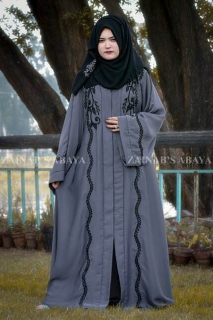 Front Open Abaya with Embroidery on Front Sleeves Cuffs and motif on scarf.