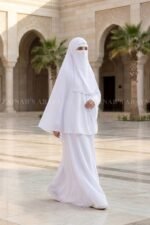 Umrah Maxi Abaya in White Color with khimar crafted in Nida Korean Fabric