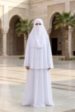 Umrah Maxi Abaya in White Color with khimar crafted in Nida Korean Fabric