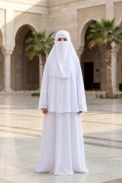 Umrah Maxi Abaya in White Color with khimar crafted in Nida Korean Fabric