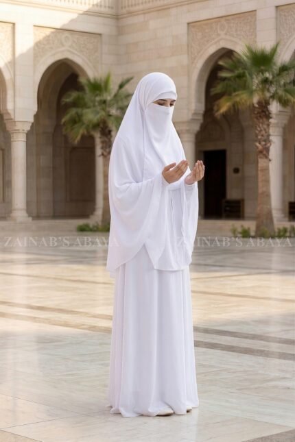 Umrah Maxi Abaya in White Color with khimar crafted in Nida Korean Fabric