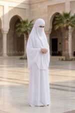 Umrah Maxi Abaya in White Color with khimar crafted in Nida Korean Fabric