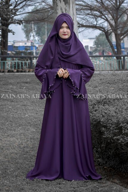 Purple Colored Maxi Abaya in Nida Korean Fabric with Pearl Work on Sleeves.