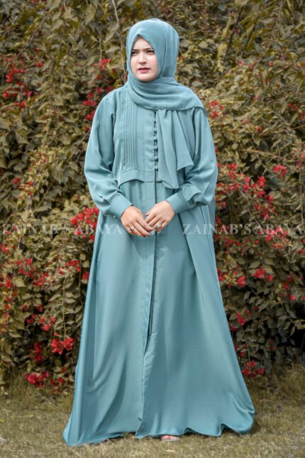 Front Open Abaya in Grape Color crafted with premium nida korean fabric and a matching scarf.