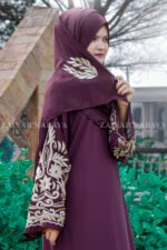 Maxi Abaya with Elegant Embroidery in Sleeves and at Bottom around the abaya with a motif on the matching scarf.