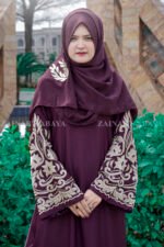 Maxi Abaya with Elegant Embroidery in Sleeves and at Bottom around the abaya with a motif on the matching scarf.