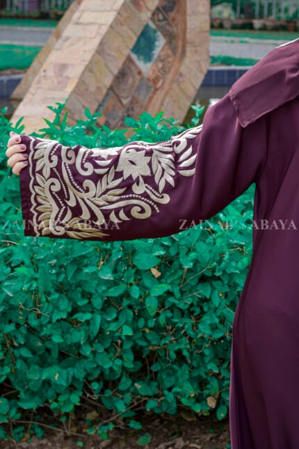 Maxi Abaya with Elegant Embroidery in Sleeves and at Bottom around the abaya with a motif on the matching scarf.