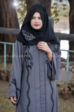 Front Open Abaya with Embroidery on Front Sleeves Cuffs and motif on scarf.