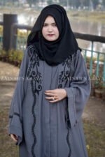 Front Open Abaya with Embroidery on Front Sleeves Cuffs and motif on scarf.
