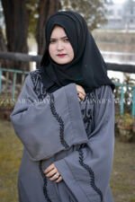 Front Open Abaya with Embroidery on Front Sleeves Cuffs and motif on scarf.