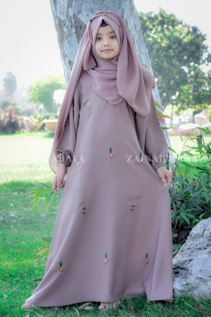 Maxi Abaya for Baby Girla with Subtle elegant embroidery on front and sleeves as well as same color scarf.