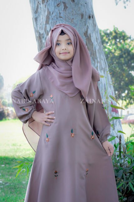 Maxi Abaya for Baby Girla with Subtle elegant embroidery on front and sleeves as well as same color scarf.