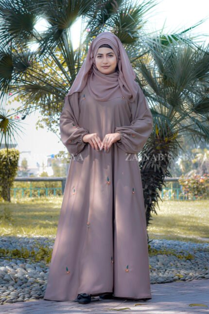 Maxi Abaya in Nida Korean Fabric with Embroidery on front and sleeves as well as same color scarf.