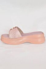 Pink women platform slipper with glitter shine, soft upper, and gold crystal mono. Stylish, feminine, and comfortable — from the Z. Collection by Zainab Designer Abaya. Perfect for daily and occasional wear.