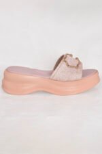 Pink women platform slipper with glitter shine, soft upper, and gold crystal mono. Stylish, feminine, and comfortable — from the Z. Collection by Zainab Designer Abaya. Perfect for daily and occasional wear.