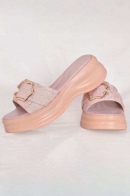 Pink women platform slipper with glitter shine, soft upper, and gold crystal mono. Stylish, feminine, and comfortable — from the Z. Collection by Zainab Designer Abaya. Perfect for daily and occasional wear.