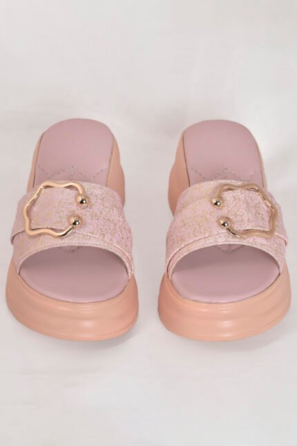 Pink women platform slipper with glitter shine, soft upper, and gold crystal mono. Stylish, feminine, and comfortable — from the Z. Collection by Zainab Designer Abaya. Perfect for daily and occasional wear.