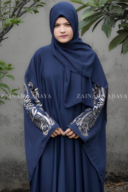 Navy Blue Kaftan Abaya with Embroidery on Front Sleeves and Backside with a matching color scarf a motif on it