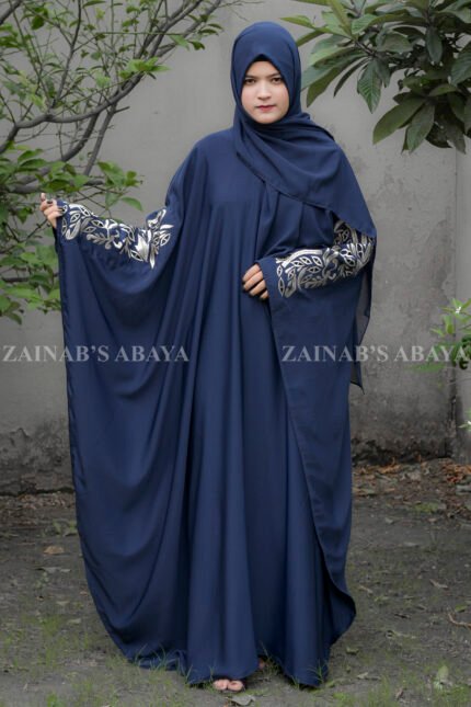 Navy Blue Kaftan Abaya with Embroidery on Front Sleeves and Backside with a matching color scarf a motif on it