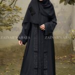 Black Front Open Abaya with Velvet and Stone Work on Front and Sleeves Cuffs as well as motive on same color scarf.