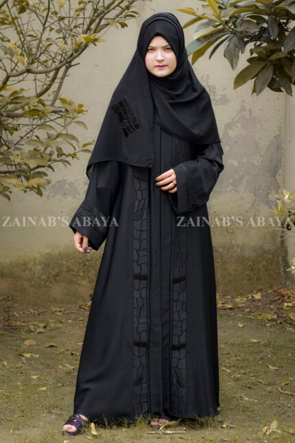 Black Front Open Abaya with Velvet and Stone Work on Front and Sleeves Cuffs as well as motive on same color scarf.