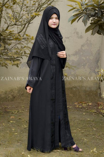Black Front Open Abaya with Velvet and Stone Work on Front and Sleeves Cuffs as well as motive on same color scarf.