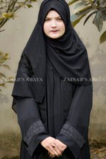Black Front Open Abaya with Velvet and Stone Work on Front and Sleeves Cuffs as well as motive on same color scarf.