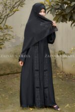 Black Front Open Abaya with Velvet and Stone Work on Front and Sleeves Cuffs as well as motive on same color scarf.