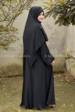 Black Front Open Abaya with Velvet and Stone Work on Front and Sleeves Cuffs as well as motive on same color scarf.