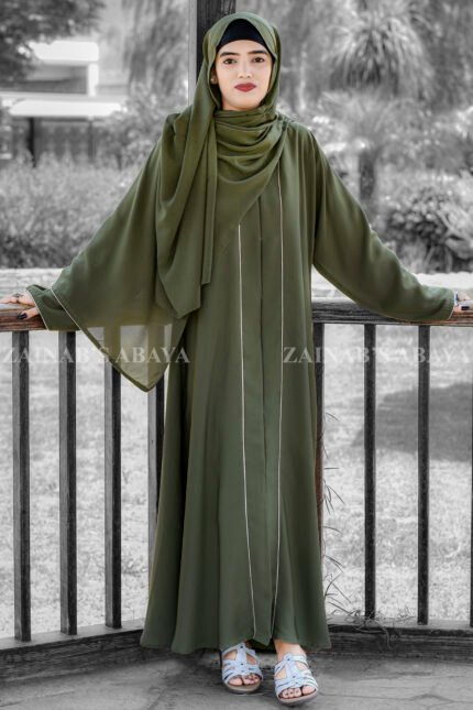 Front Open Abaya with Piping on front and sleeves in nida korean fabric