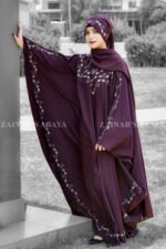 Kaftan Abaya in Nida Korean Fabric with embroidery on front neck and border as well as same color scarf with motive on it.