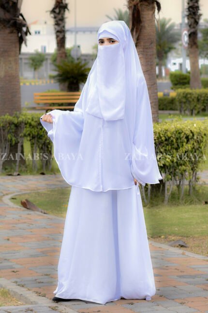 Umrah Maxi Abaya in White Color with khimar crafted in Nida Korean Fabric