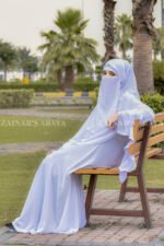 Umrah Maxi Abaya in White Color with khimar crafted in Nida Korean Fabric