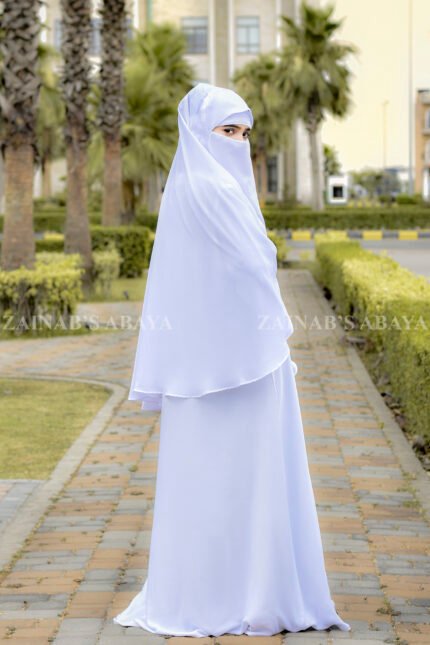 Umrah Maxi Abaya in White Color with khimar crafted in Nida Korean Fabric