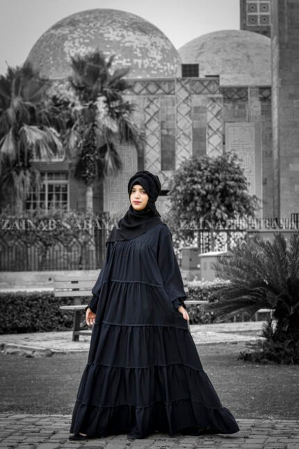 Maxi Abaya in Black Color with Layered Style and same color scarf.