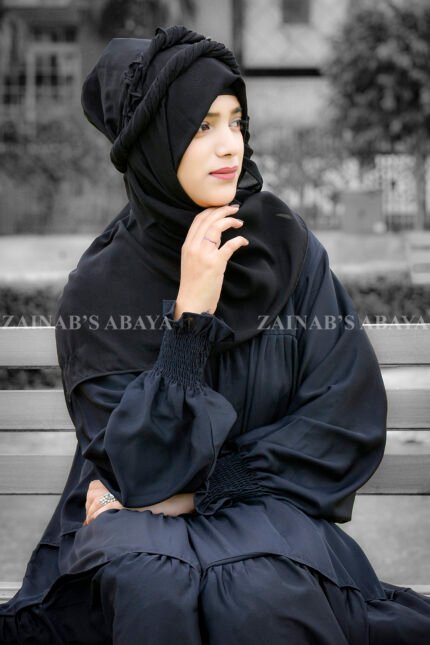 Maxi Abaya in Black Color with Layered Style and same color scarf.