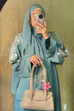 Front Open Abaya in Nida Korean Fabric with Embroidery design on sleeves and backside as well as a motif on the scarf.