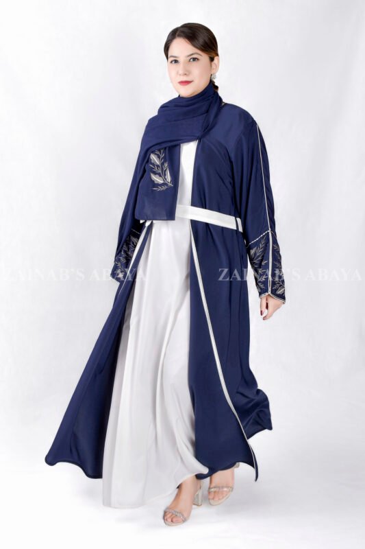 Gown Abaya in Nida Korean Fabric featuring the elegant embroidery on the sleeve ends and inner white gown.
