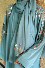 Front Open Abaya in Nida Korean Fabric with Embroidery design on sleeves and backside as well as a motif on the scarf.