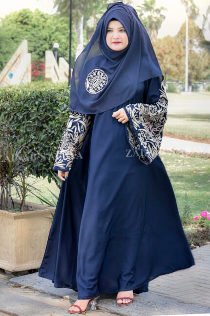 Nida Umbrella Abaya in Navy Blue Color with Stylish Embroidery on Sleeves and motif on scarf.