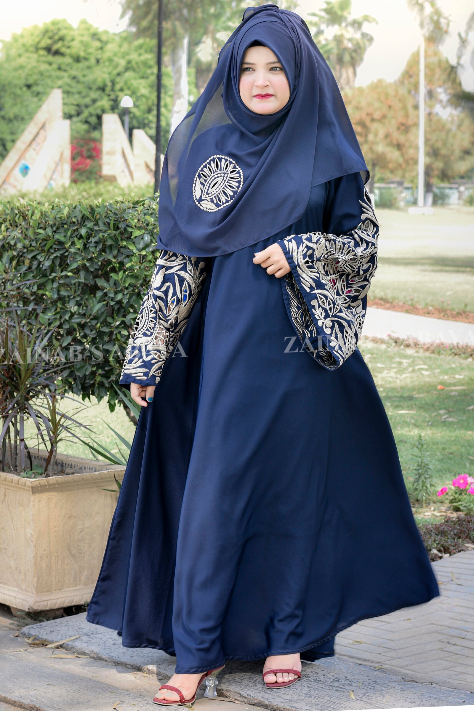 Umbrella Abaya - Zainab Designer Abaya Nida Umbrella Abaya in Navy Blue Color with Stylish Embroidery on Sleeves and motif on scarf.