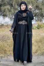 Nida Kaftan Abaya with Embroidery on Sleeves ends and on Belt with same color scarf motif with same embroidery pattern.